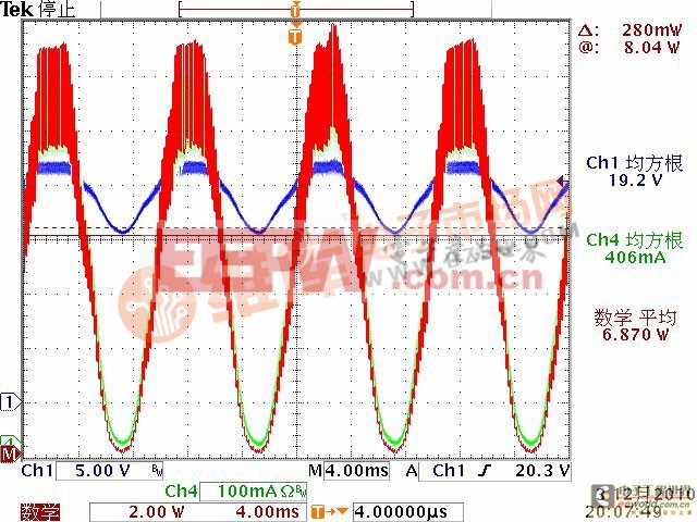 輸出回收陶瓷電容（22uFX2）時的電流、電壓波形